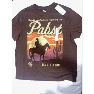 Pabst Blue Ribbon Mens XL Brown Graphic T-Shirt Cowboy Sunset Goodfellow  Co NWT